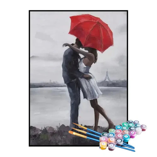 Kit de Pintura Numerada - Beijo Apaixonado sob o Guarda-Chuva Vermelho