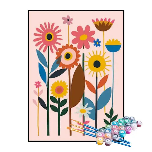 Kit de Pintura Numerada - Flores Sobre Fundo Rosa