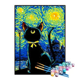 Kit de Pintura Numerada - Gato Preto na Noite Estrelada