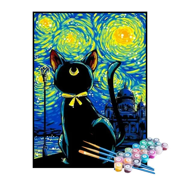 Kit de Pintura Numerada - Gato Preto na Noite Estrelada