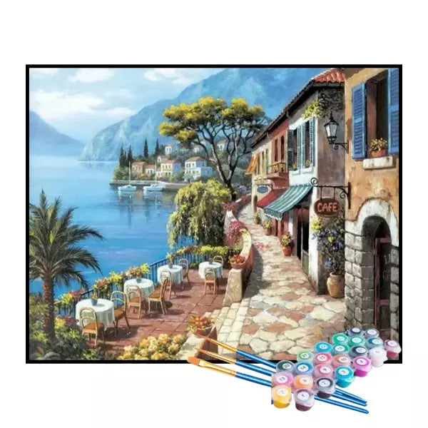 Kit de Pintura Numerada - Café à Beira do Mar Azul (KIT PROMOCIONAL)