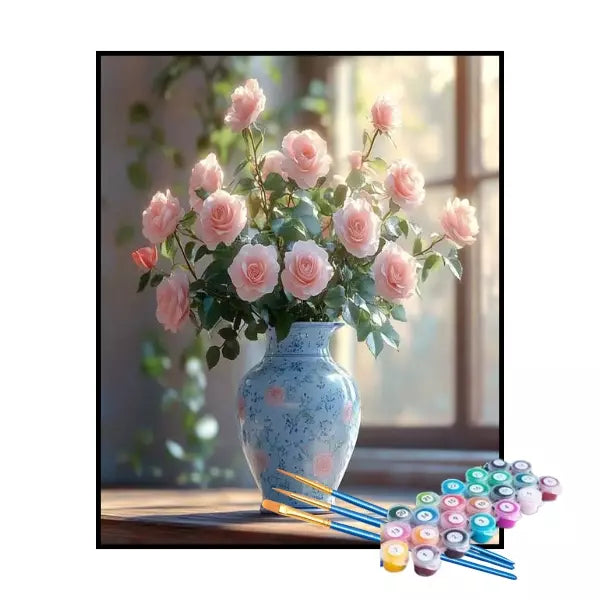 Kit de Pintura Numerada - Vaso de Rosas ao Amanhecer (KIT PROMOCIONAL)