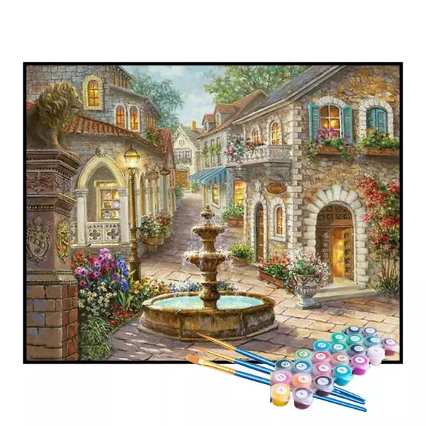 Kit de Pintura Numerada - Vila com Fonte de Pedra (KIT PROMOCIONAL)