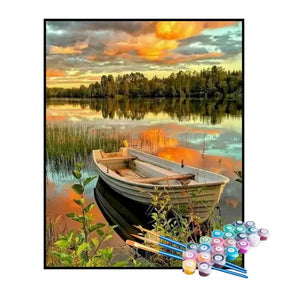 Kit de Pintura Numerada - Barco ao Entardecer no Lago (KIT PROMOCIONAL)