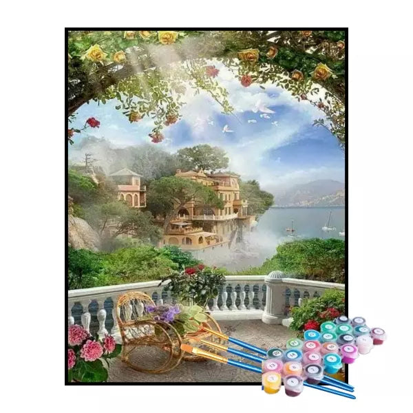 Kit de Pintura Numerada - Varanda dos Sonhos à Beira-Mar (KIT PROMOCIONAL)