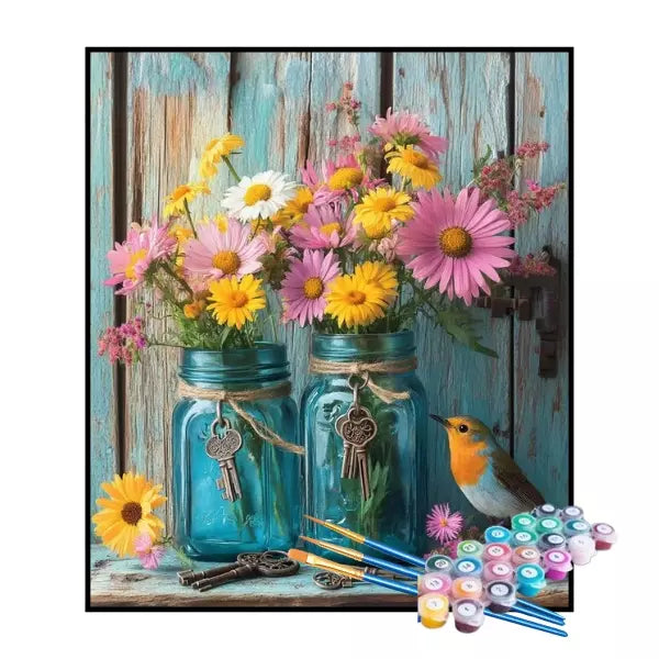 Kit de Pintura Numerada - Flores em Potes Azuis (KIT PROMOCIONAL)