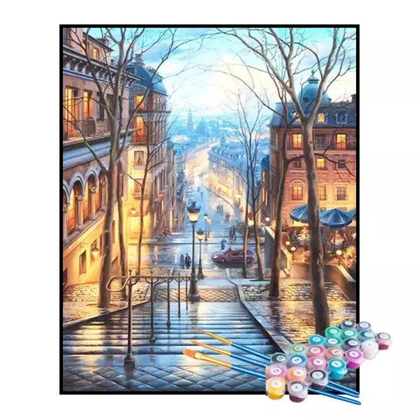 Kit de Pintura Numerada - Escadaria de Paris ao Anoitecer (KIT PROMOCIONAL)