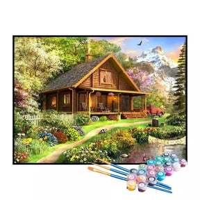 Kit de Pintura Numerada - Cabana nas Montanhas Floridas (KIT PROMOCIONAL)