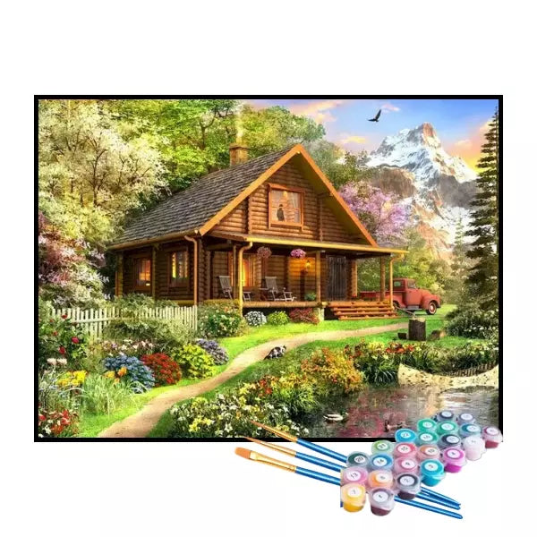 Kit de Pintura Numerada - Cabana nas Montanhas Floridas (KIT PROMOCIONAL)