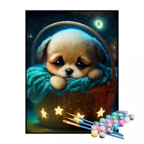 Kit de Pintura Numerada - Cachorrinho na Cesta Estrelada (KIT PROMOCIONAL)