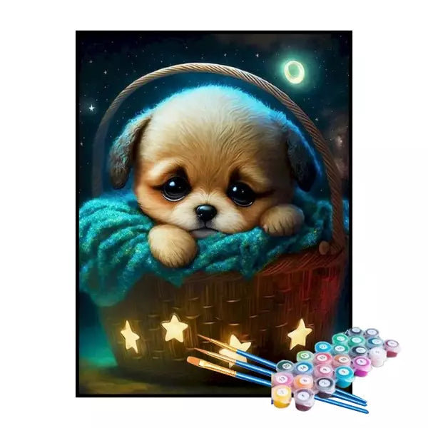 Kit de Pintura Numerada - Cachorrinho na Cesta Estrelada (KIT PROMOCIONAL)