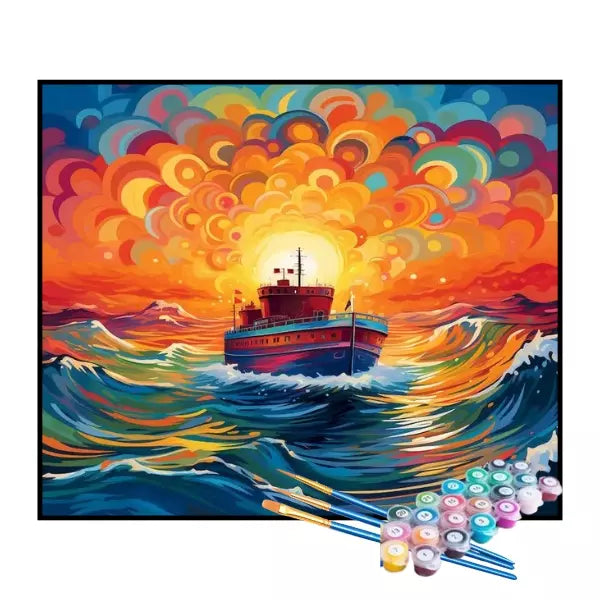Kit de Pintura Numerada - Navio em Ondas Coloridas (KIT PROMOCIONAL)