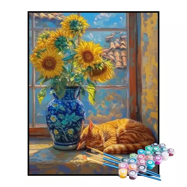 Kit de Pintura Numerada - Soneca ao Sol com Girassóis (KIT PROMOCIONAL)