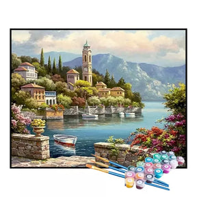 Kit de Pintura Numerada - Vila à Beira do Lago Azul (KIT PROMOCIONAL)