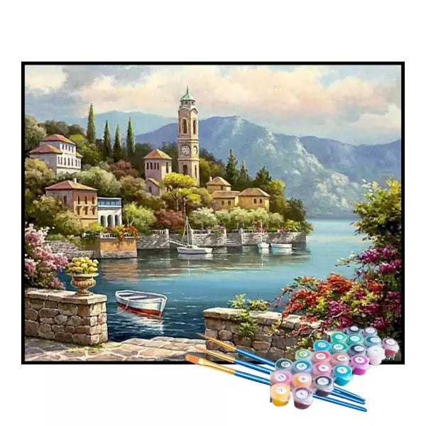 Kit de Pintura Numerada - Vila à Beira do Lago Azul (KIT PROMOCIONAL)