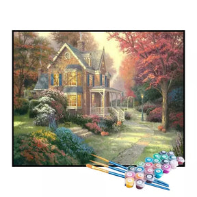 Kit de Pintura Numerada - Casa Iluminada no Jardim de Outono (KIT PROMOCIONAL)