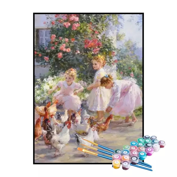 Kit de Pintura Numerada - Meninas Alimentando as Galinhas (KIT PROMOCIONAL)