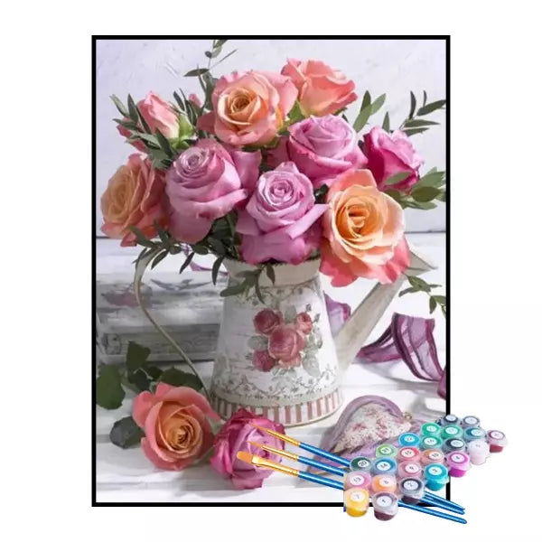 Kit de Pintura Numerada - Buquê de Rosas no Bule Vintage (KIT PROMOCIONAL)