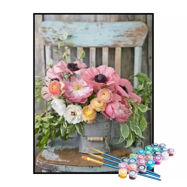 Kit de Pintura Numerada - Flores na Cadeira Vintage (KIT PROMOCIONAL)