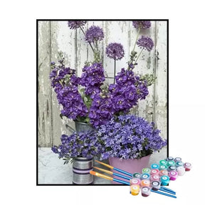Kit de Pintura Numerada - Flores Roxas em Vasos Rústicos (KIT PROMOCIONAL)