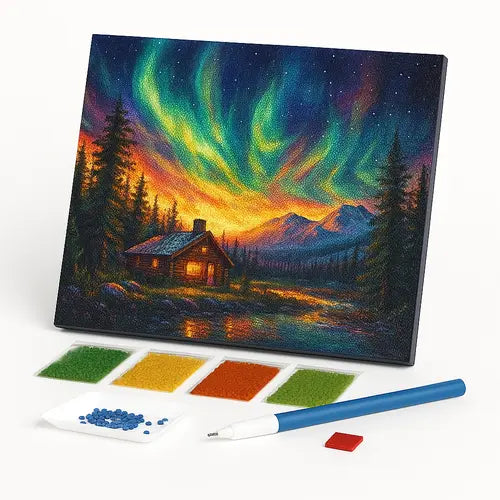Kit de Pintura com Diamantes - Cabana e Aurora Boreal