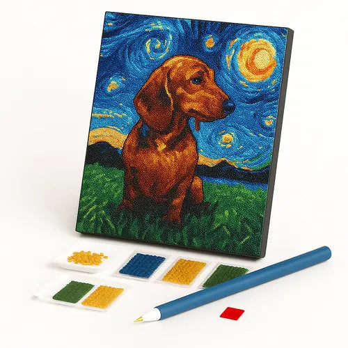 Kit de Pintura com Diamantes - Cachorro na Noite Estrelada