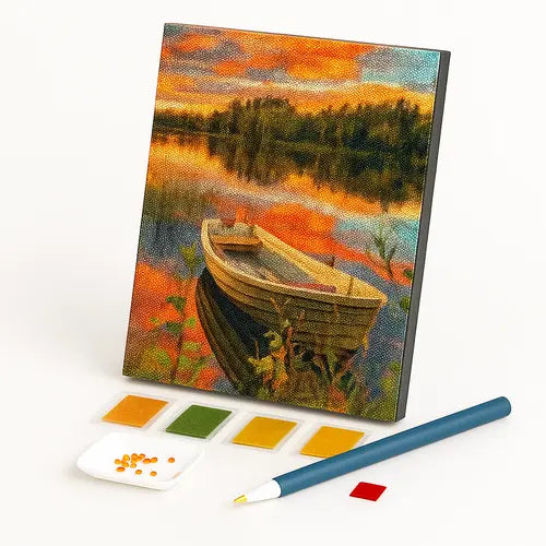 Kit de Pintura com Diamantes - Canoa ao Pôr do Sol